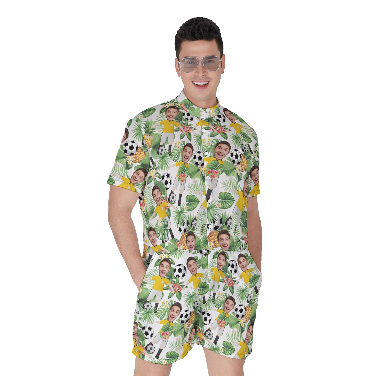 Custom Photo Face Soccer Player Hawaiian Romper For Men - variant image 1