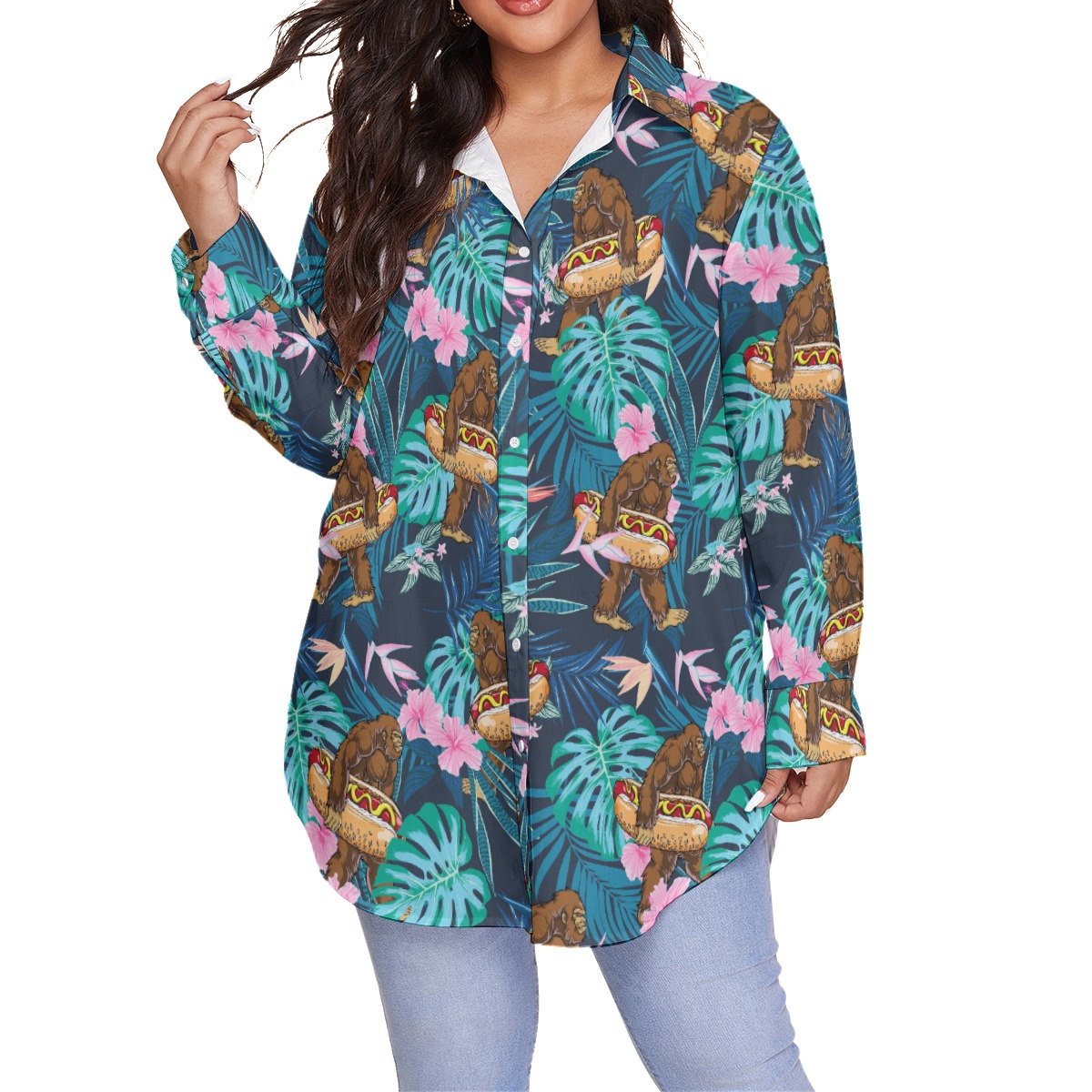 Funny Bigfoot Hot Dog Tropical Hibiscus Hawaiian Plus Size Shirt For Women - variant image 1