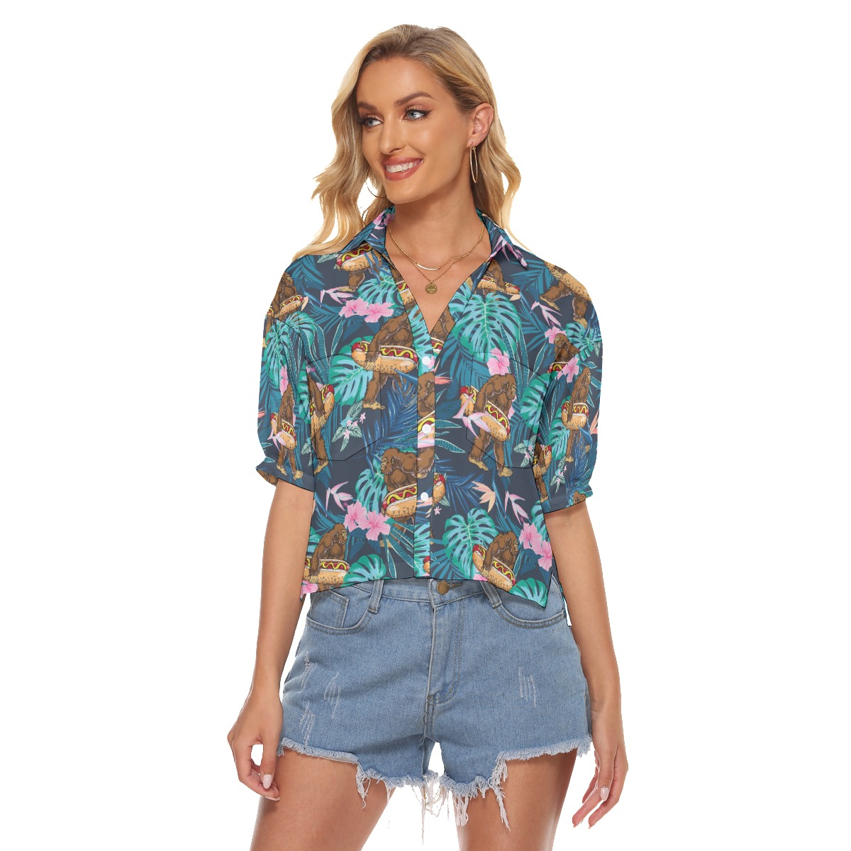 Tropical Hibiscus Bigfoot Hot Dog Aloha Crop Top Shirt - variant image 1