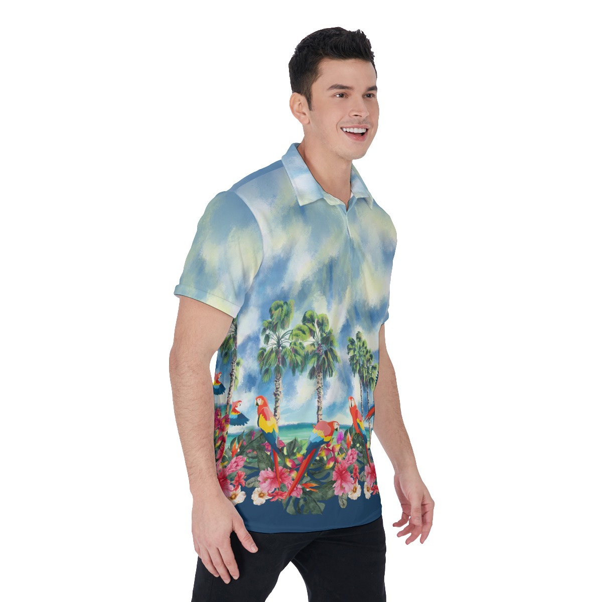 Tropical Palm Tree Parrots Floral Hawaiian Polo Shirt For Men