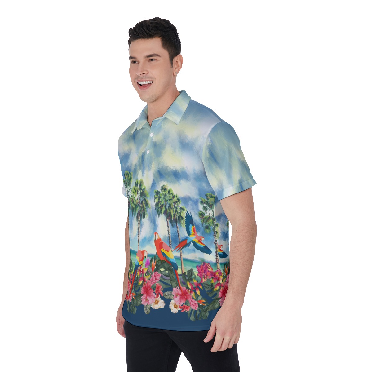 Tropical Palm Tree Parrots Floral Hawaiian Polo Shirt For Men
