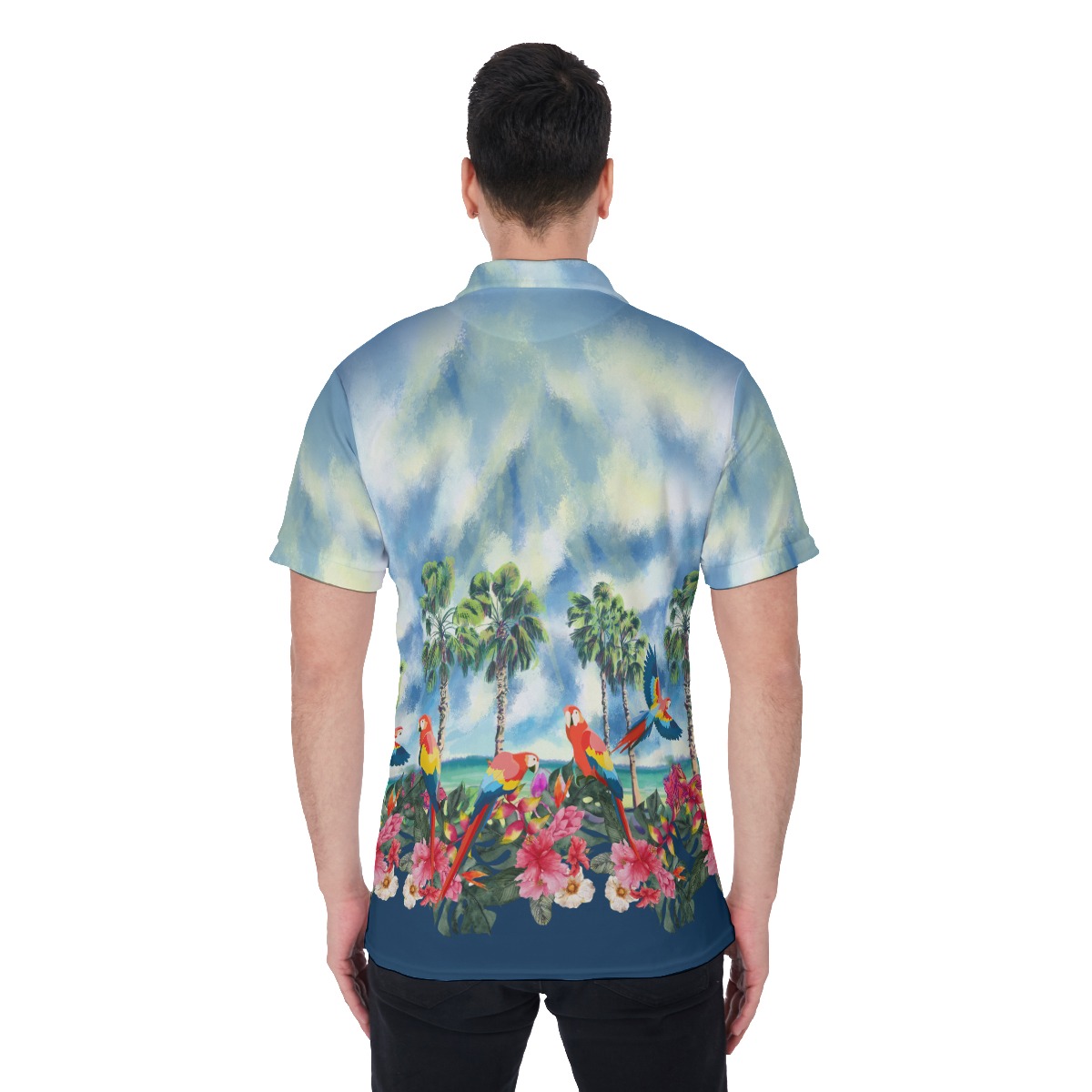 Tropical Palm Tree Parrots Floral Hawaiian Polo Shirt For Men
