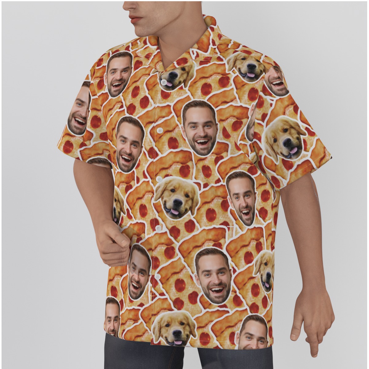Funny Pet Face Pizza Button Up Shirt For Men