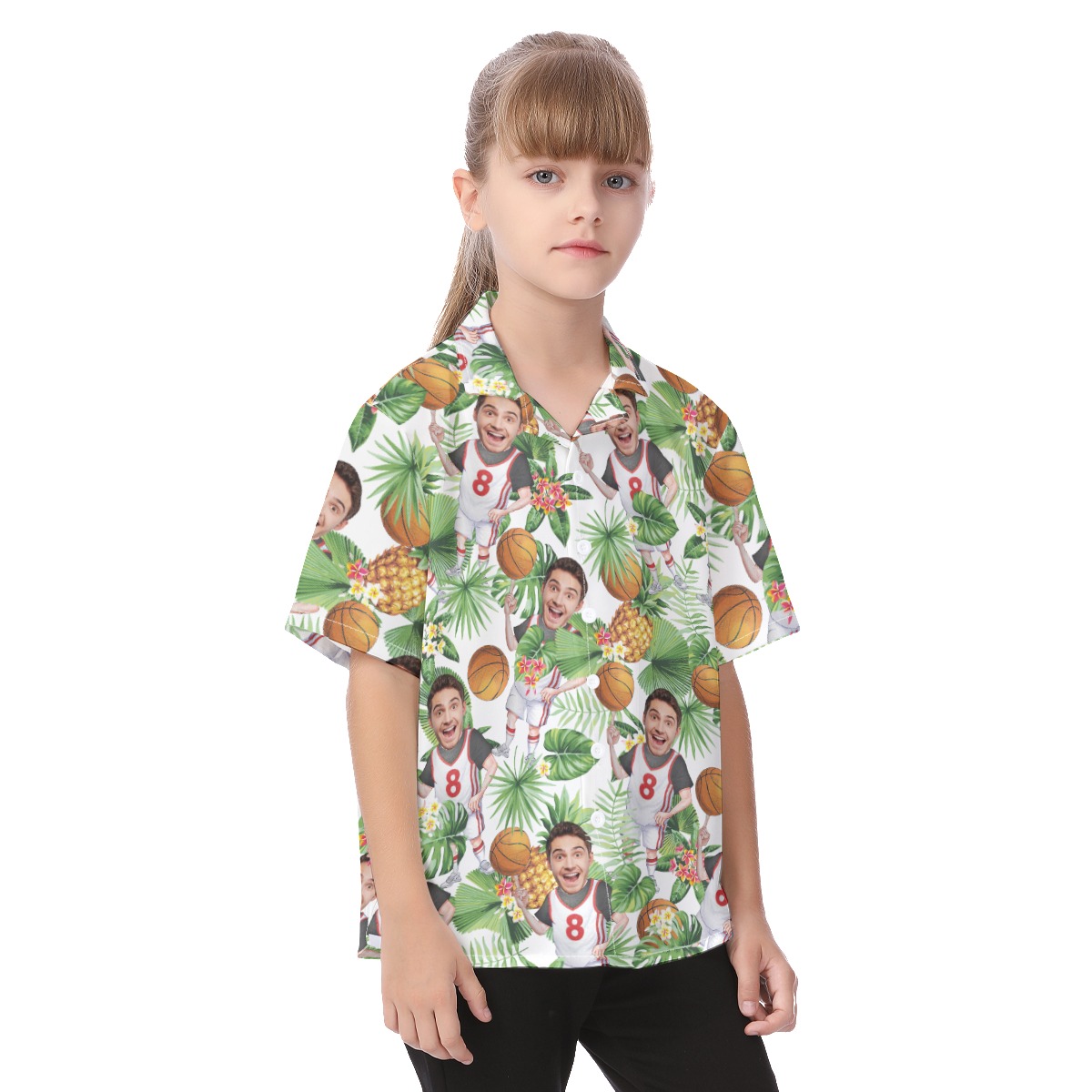 Tropical Custom Face Playing Basketball Button Up Shirts For Kids