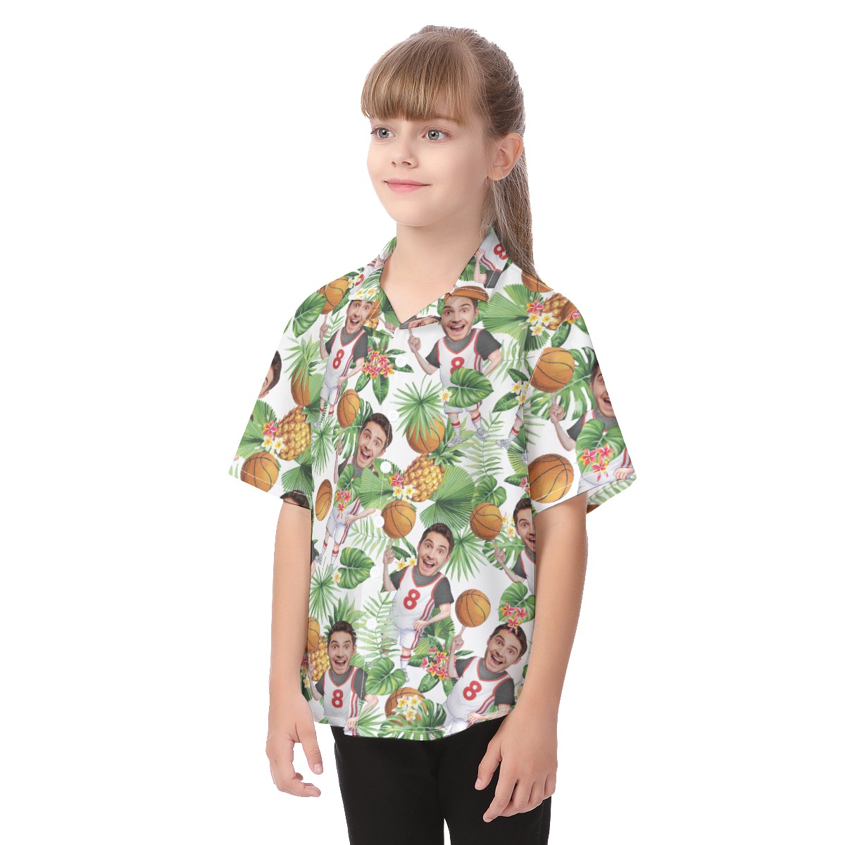 Tropical Custom Face Playing Basketball Button Up Shirts For Kids