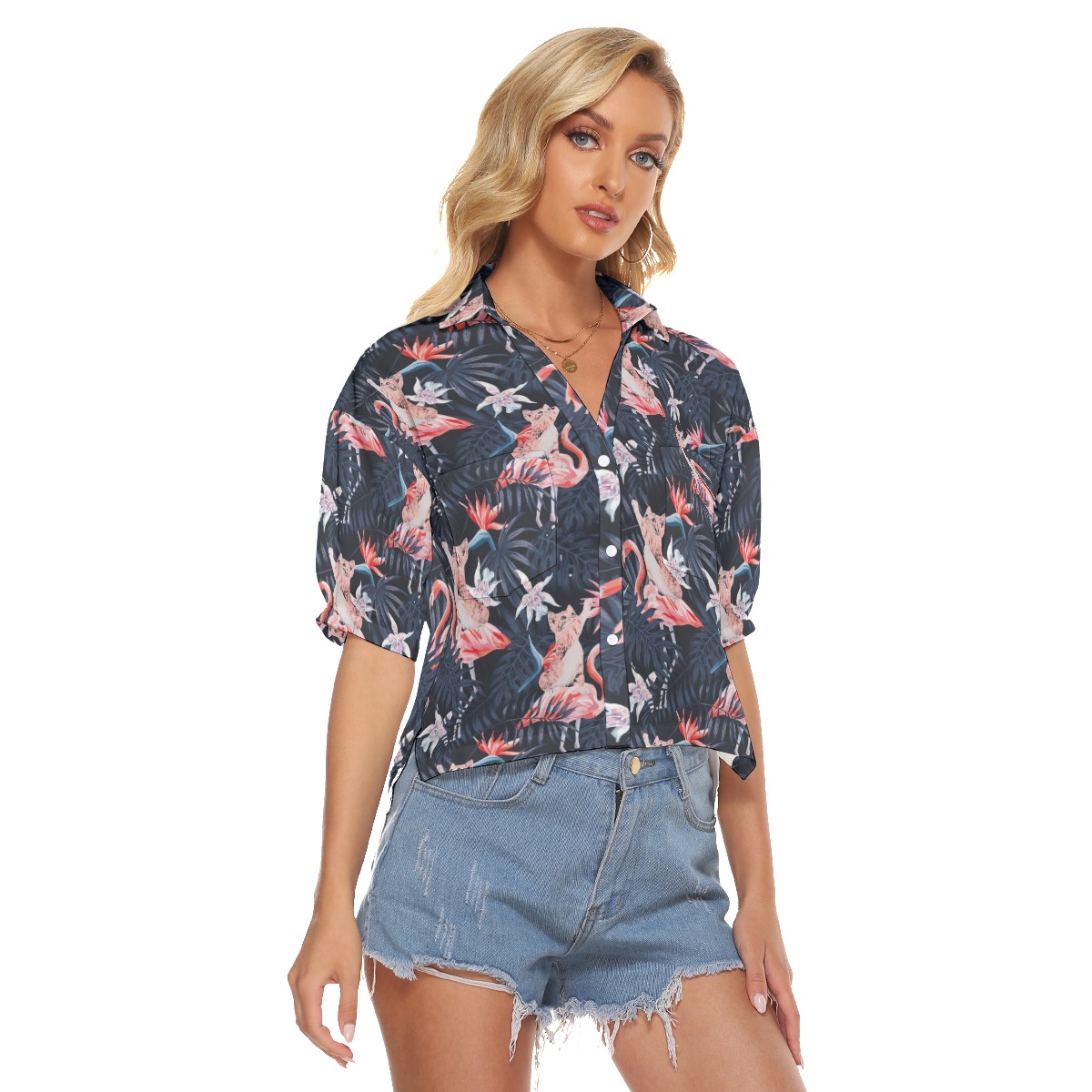 Tropical Flamingo With Funny Cat Hawaiian Cropped Shirt For Women