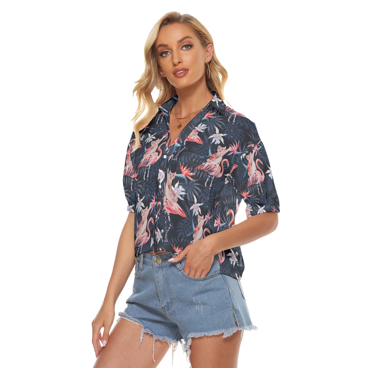 Tropical Flamingo With Funny Cat Hawaiian Cropped Shirt For Women