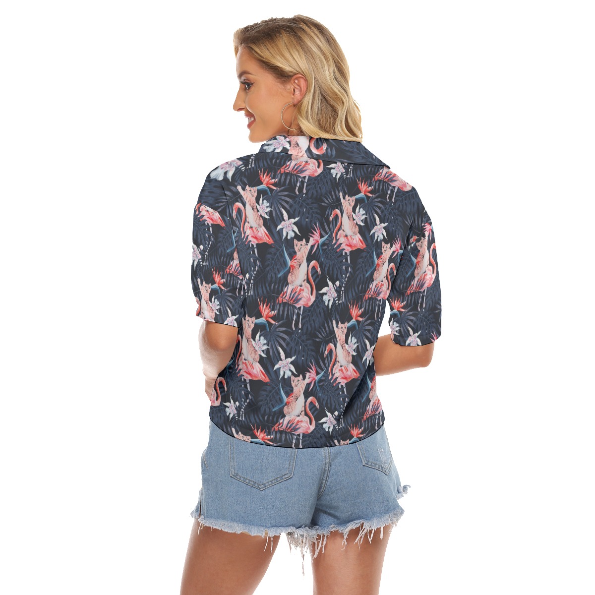 Tropical Flamingo With Funny Cat Hawaiian Cropped Shirt For Women