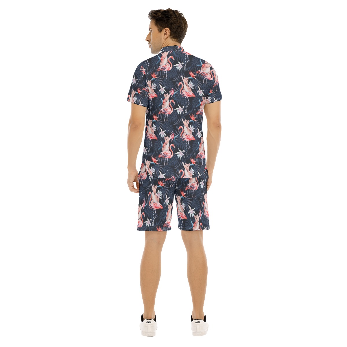 Set Tropical Flamingo And Cat Hawaiian Shirt And Shorts For Men