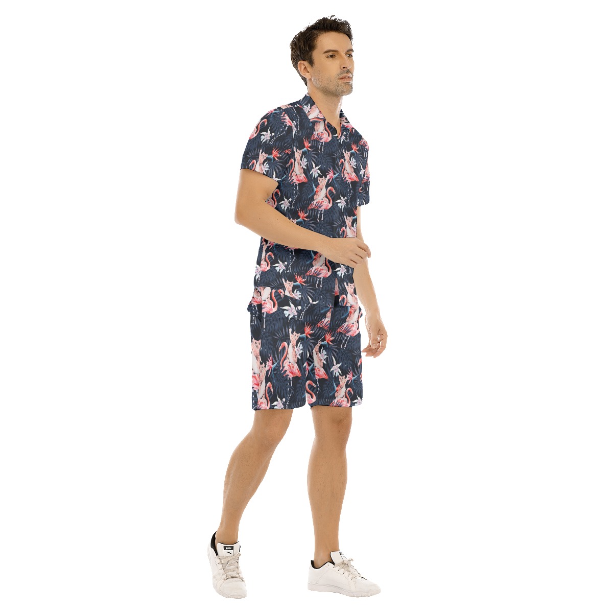 Set Tropical Flamingo And Cat Hawaiian Shirt And Shorts For Men
