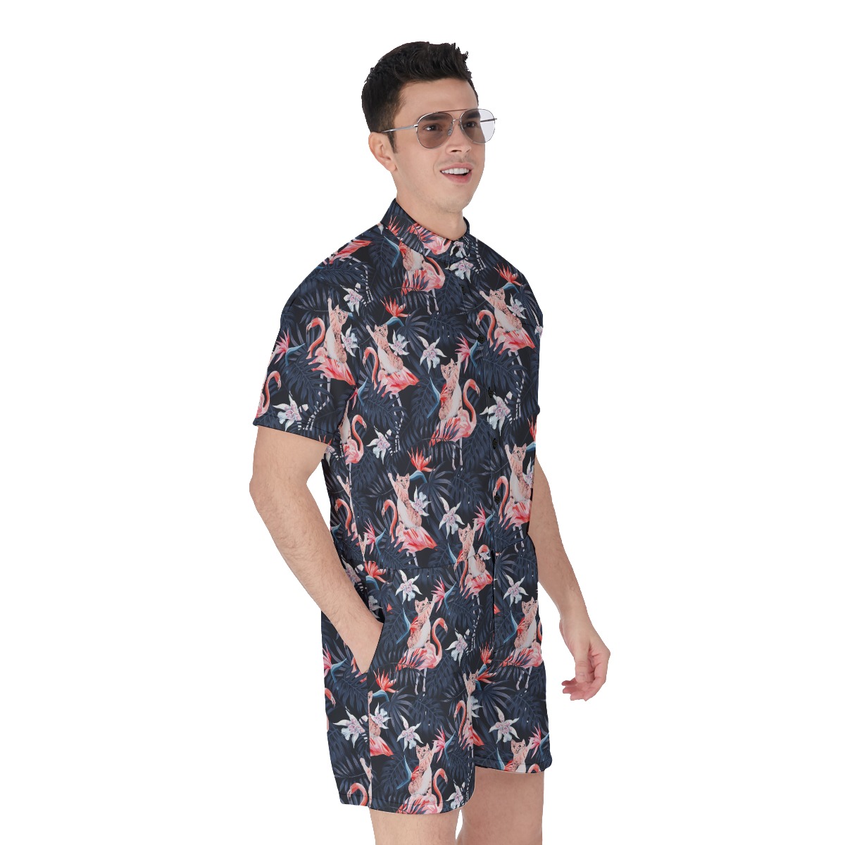 Funny Cat With Flamingo Floral Men's Hawaiian Romper