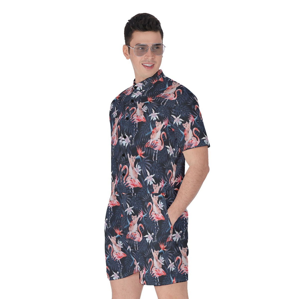 Funny Cat With Flamingo Floral Men's Hawaiian Romper
