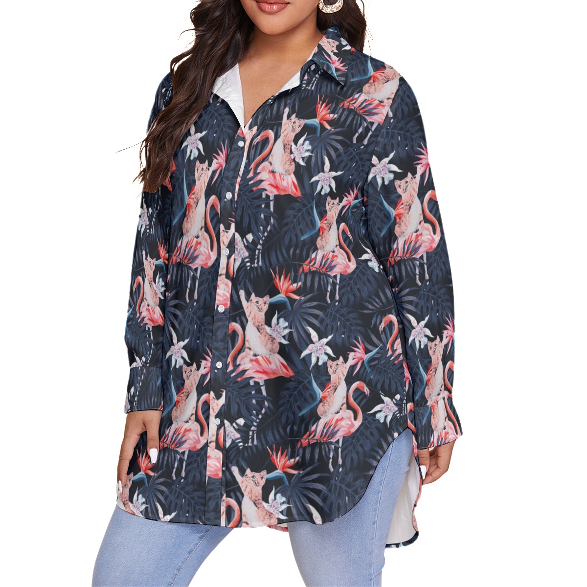 Tropical Flamingo With Funny Cat Plus Size Hawaiian Collared Shirt