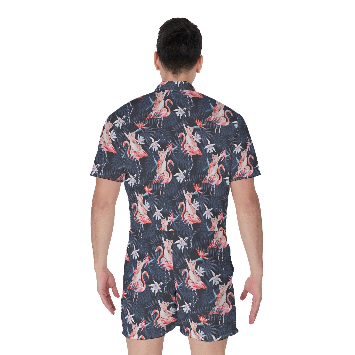 Funny Cat With Flamingo Floral Men's Hawaiian Romper