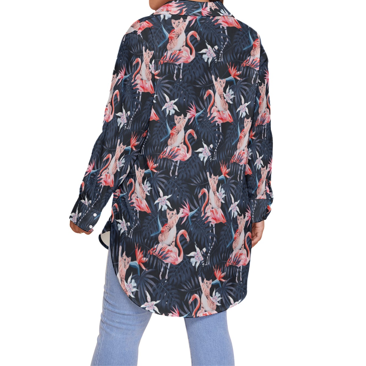Tropical Flamingo With Funny Cat Plus Size Hawaiian Collared Shirt