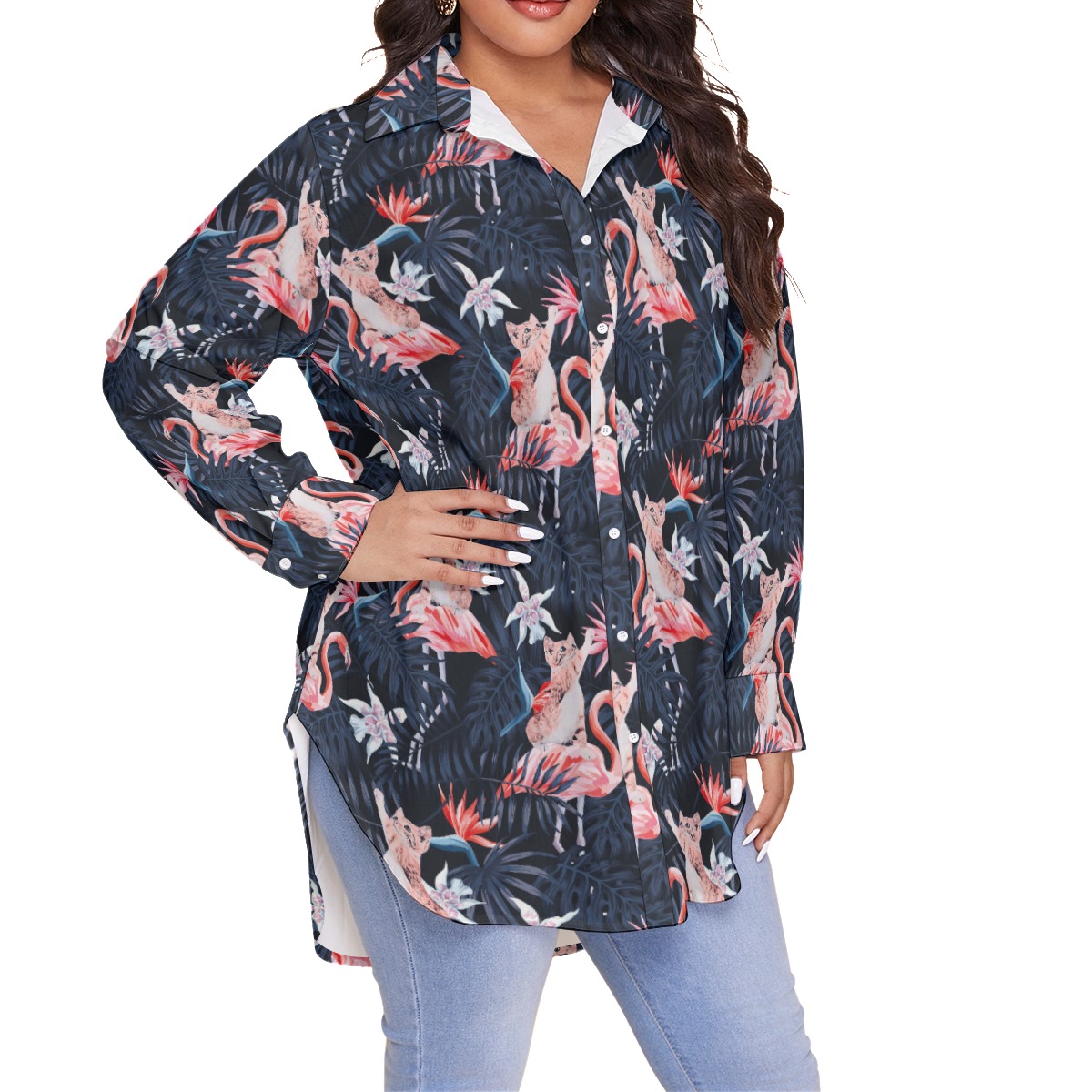 Tropical Flamingo With Funny Cat Plus Size Hawaiian Collared Shirt