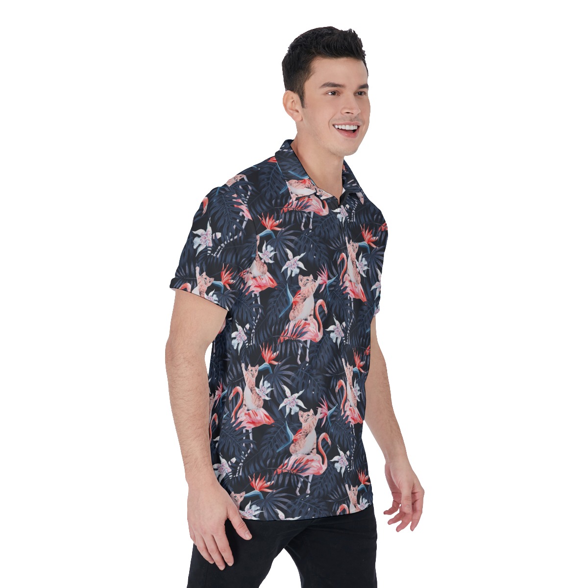 Funny Cat Flamingo Tropical Hawaiian Men's Polo Shirt