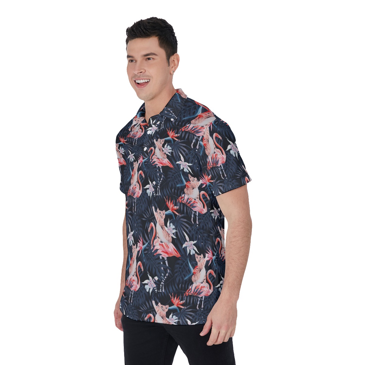 Funny Cat Flamingo Tropical Hawaiian Men's Polo Shirt