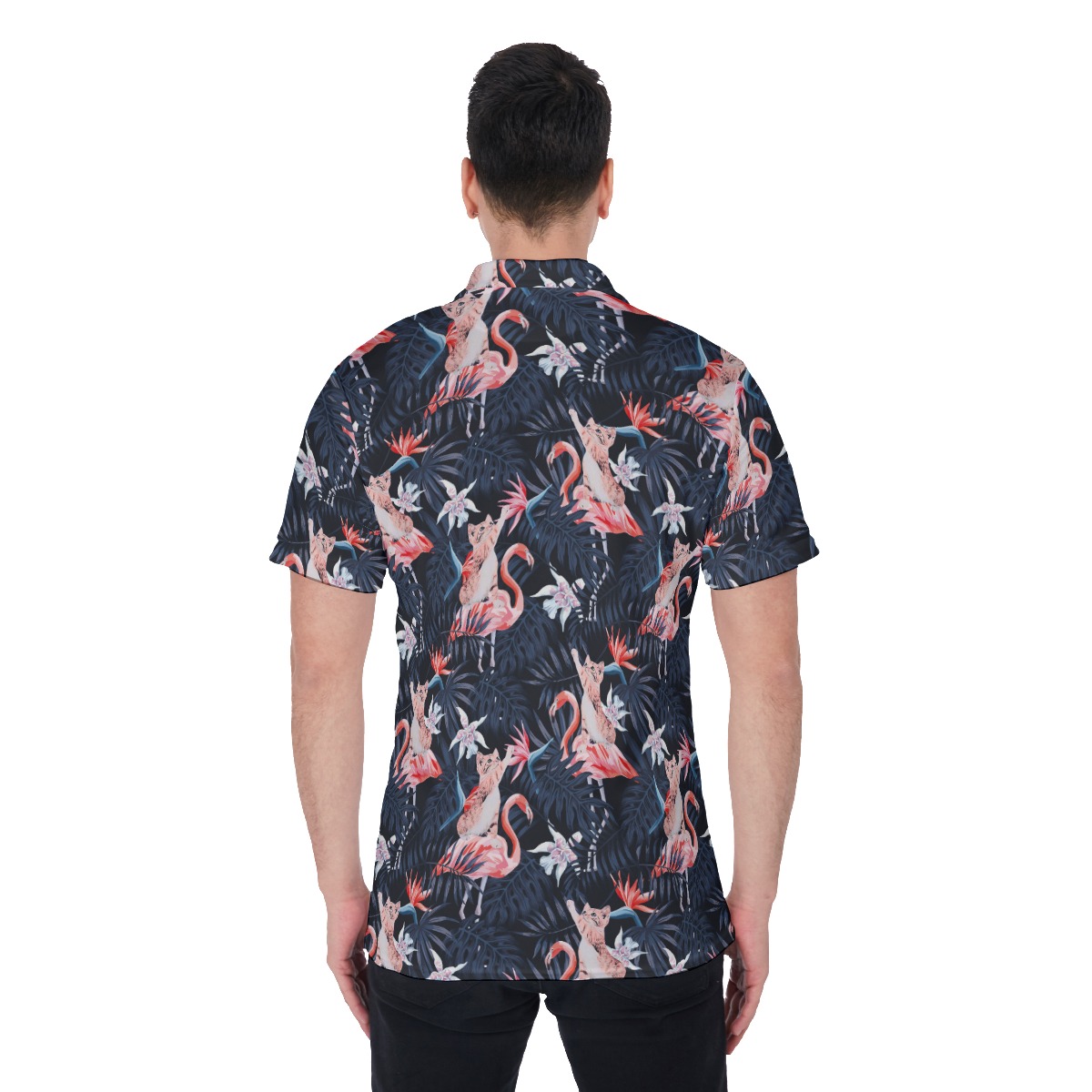 Funny Cat Flamingo Tropical Hawaiian Men's Polo Shirt