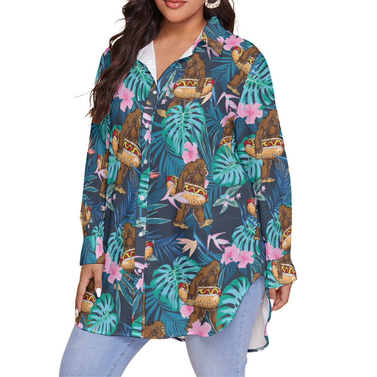 Funny Bigfoot Hot Dog Tropical Hibiscus Hawaiian Plus Size Shirt For Women