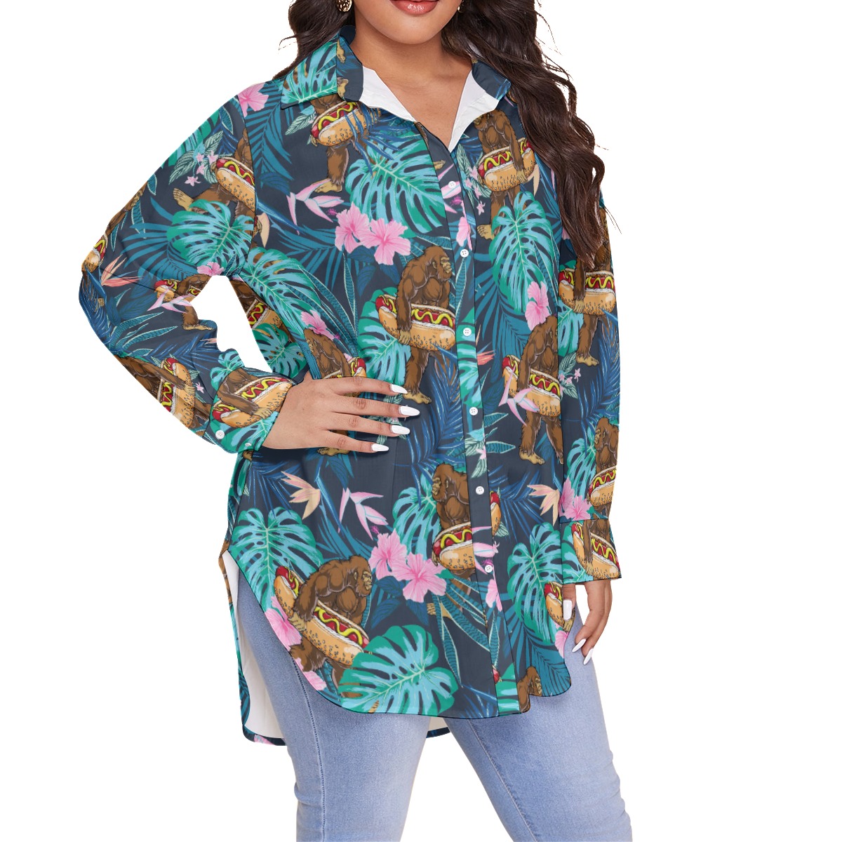 Funny Bigfoot Hot Dog Tropical Hibiscus Hawaiian Plus Size Shirt For Women