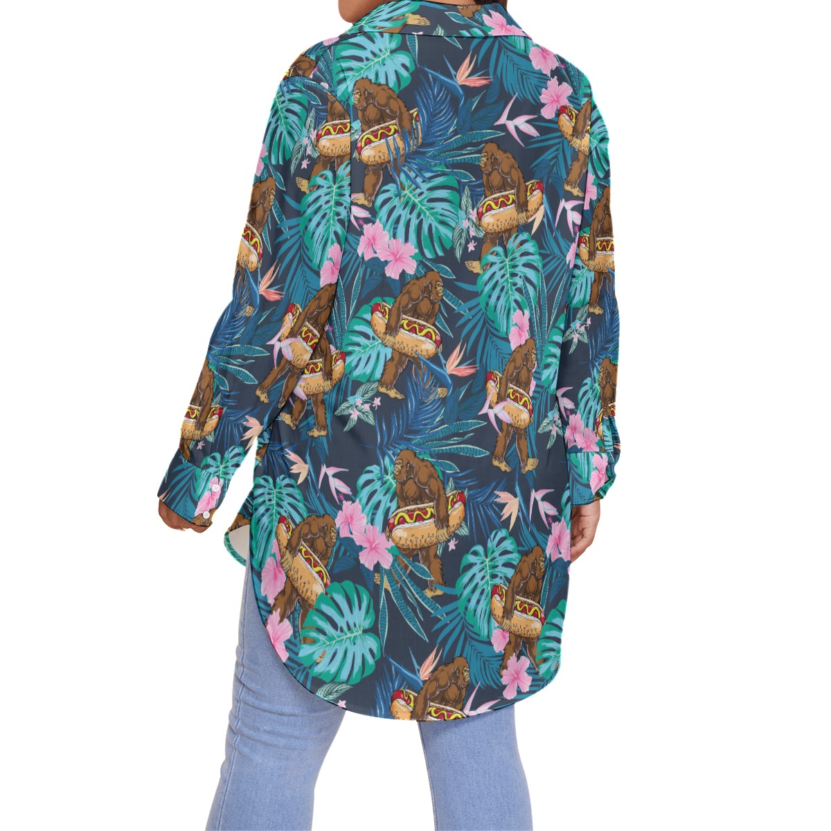 Funny Bigfoot Hot Dog Tropical Hibiscus Hawaiian Plus Size Shirt For Women