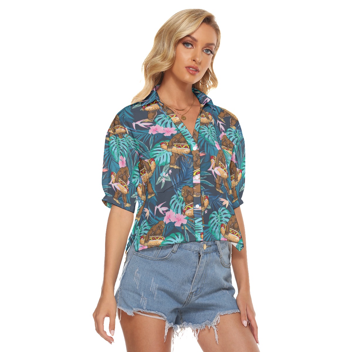 Tropical Hibiscus Bigfoot Hot Dog Aloha Crop Top Shirt