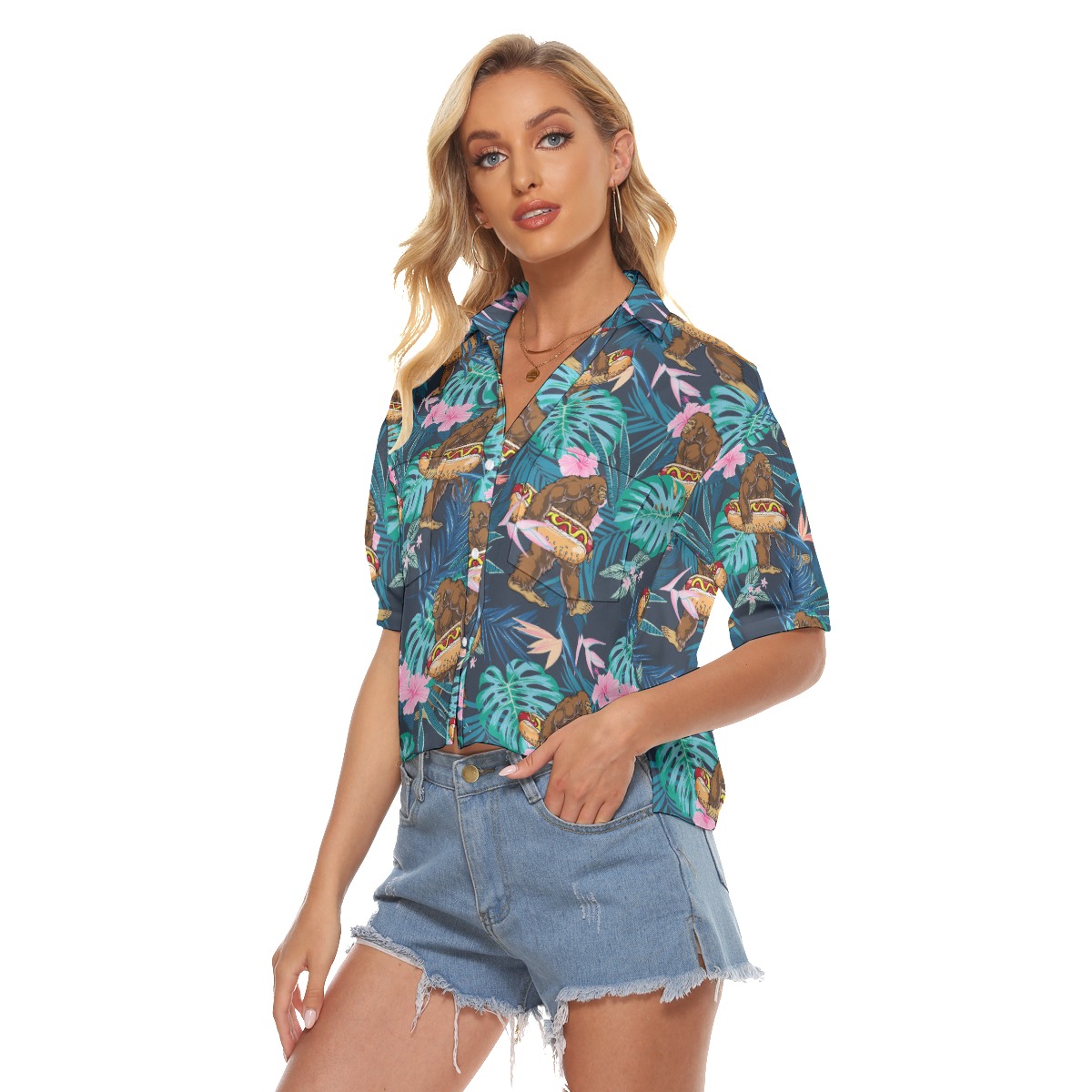 Tropical Hibiscus Bigfoot Hot Dog Aloha Crop Top Shirt