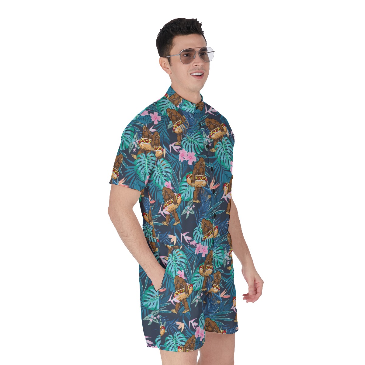 Funny Tropical Bigfoot Hot Dog Men's Hawaiian Romper