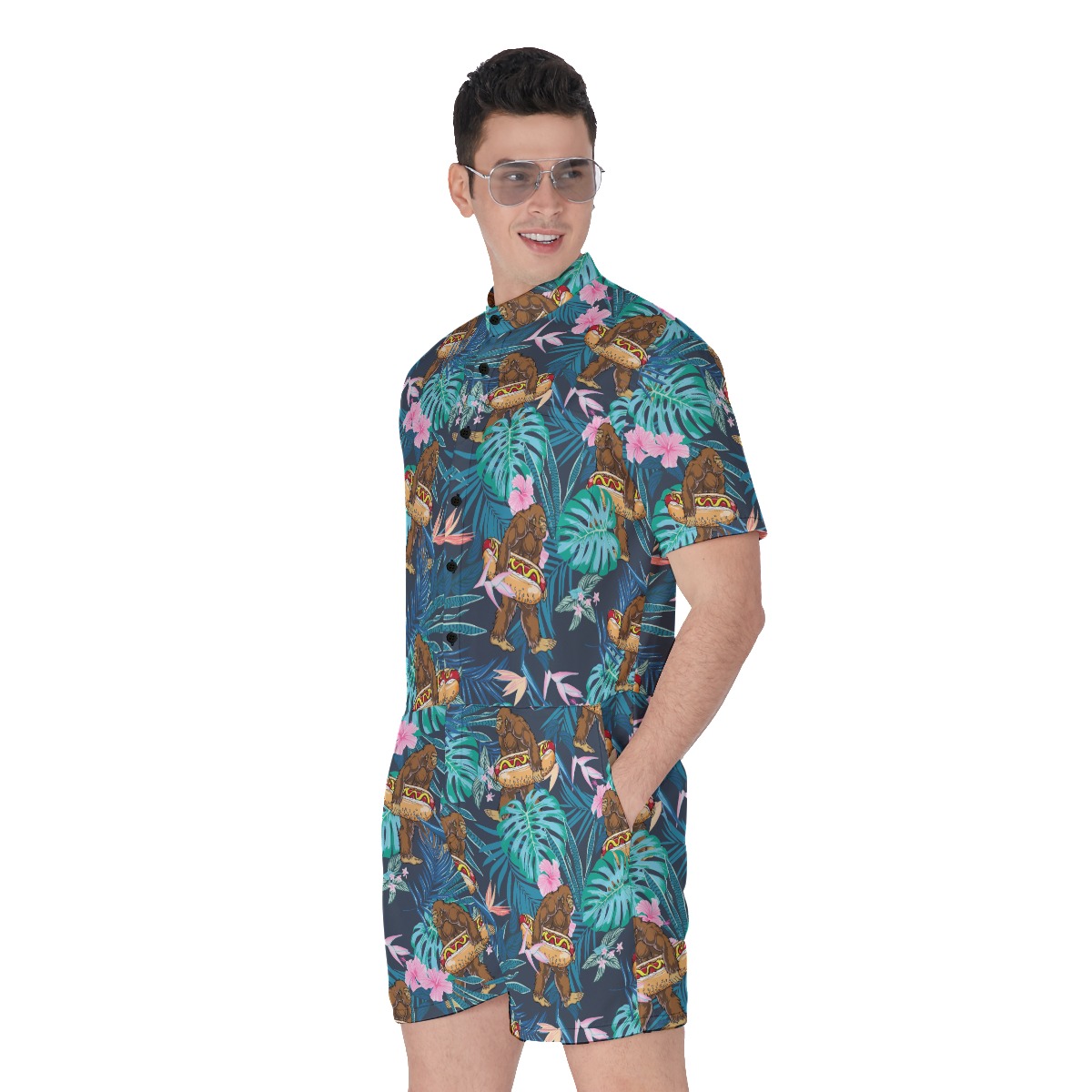 Funny Tropical Bigfoot Hot Dog Men's Hawaiian Romper