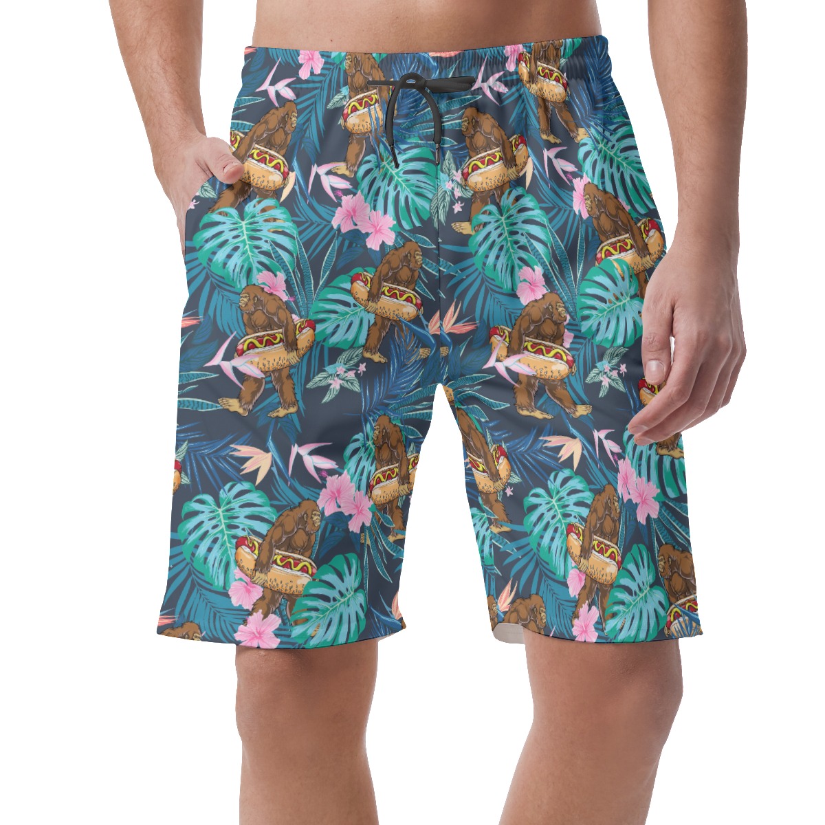 Tropical Hibiscus Bigfoot Hot Dog Hawaiian Beach Shorts For Men - variant image 1