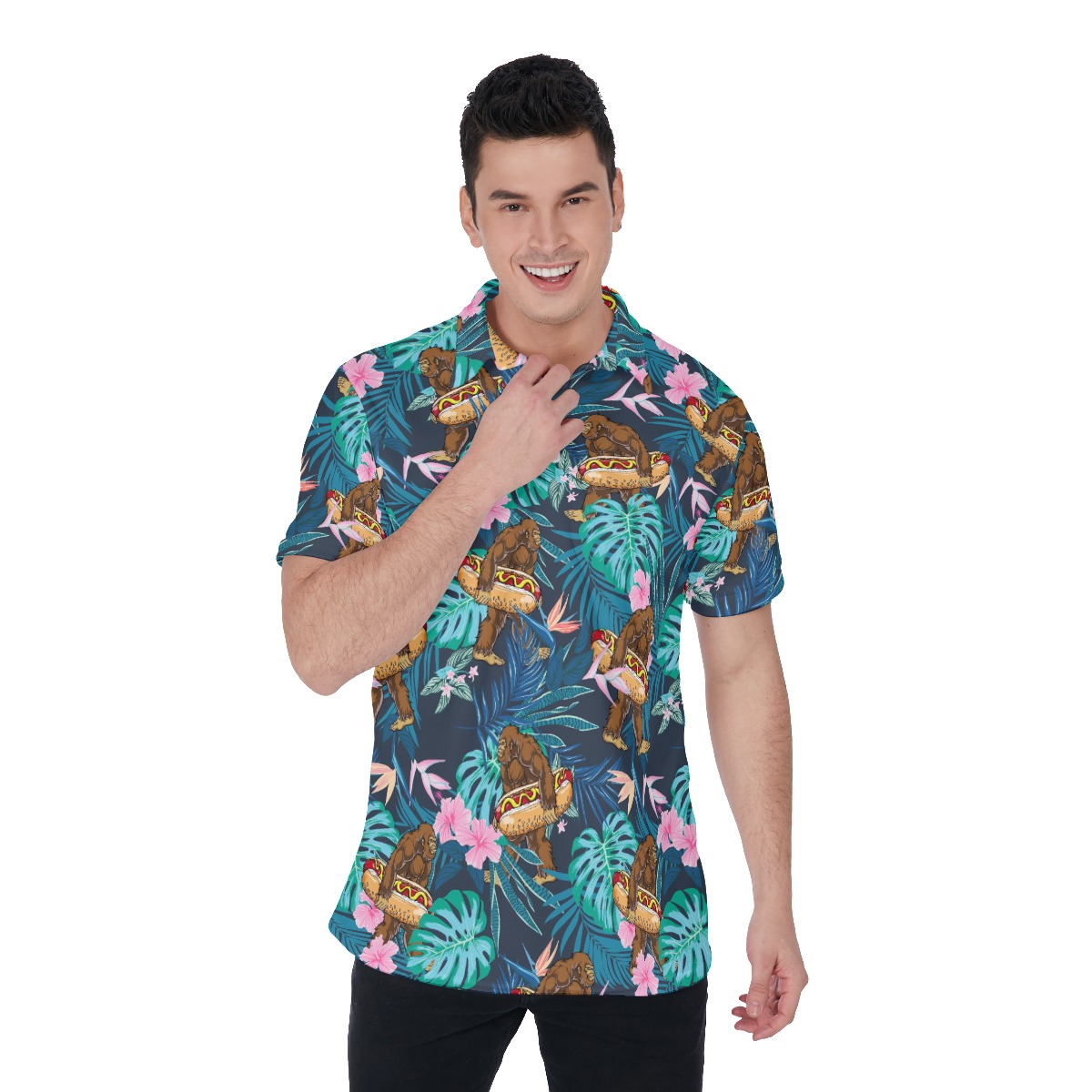 Tropical Bigfoot Hot Dog Hawaiian Polo Shirt For Men - variant image 1