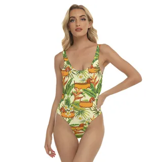 Floral Dachshund Hot Dog Yellow Hawaiian Swimsuit For Women