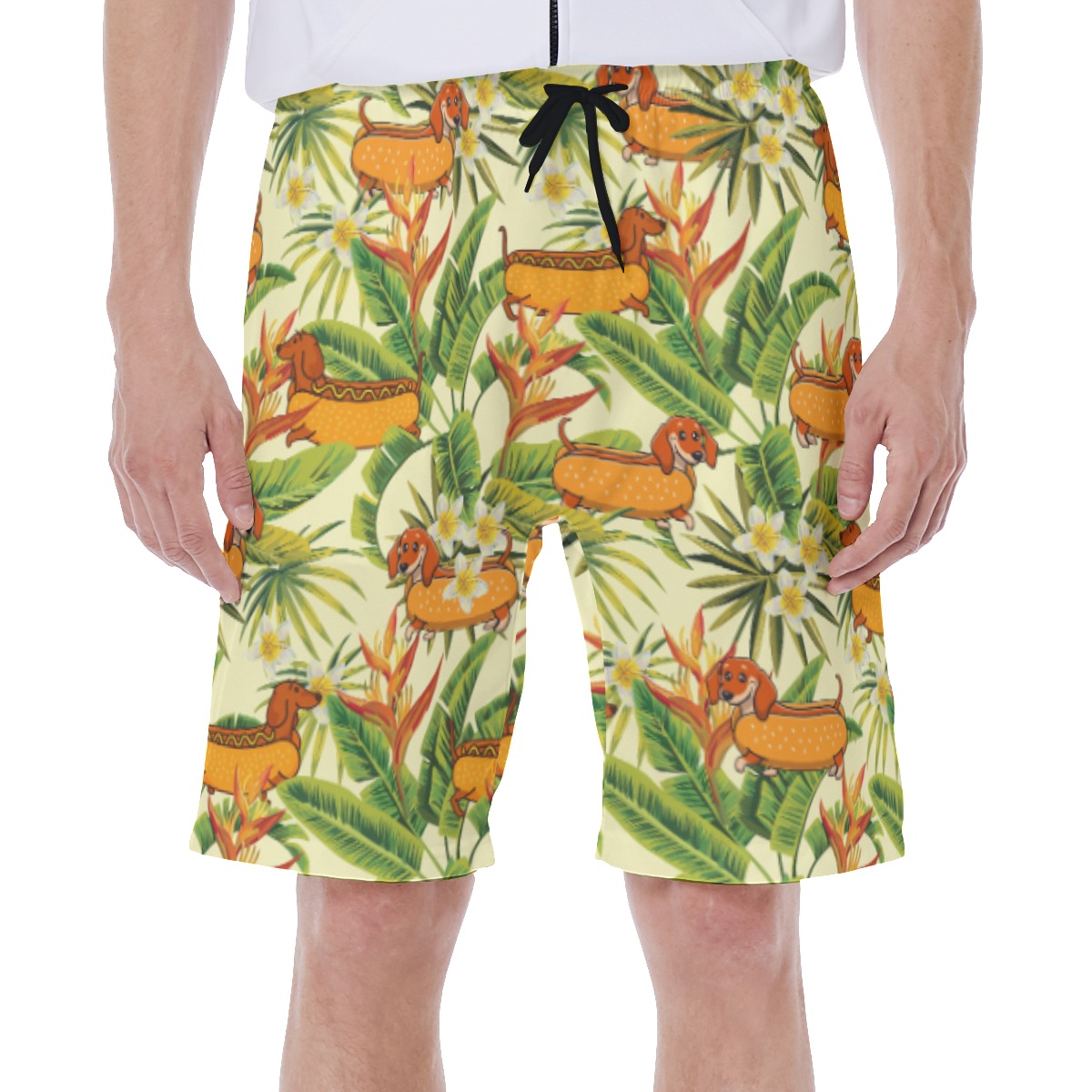 Floral Dachshund Hot Dog Yellow Hawaiian Swim Trunks For Men - variant image 1