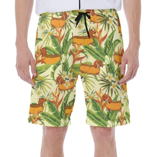 Floral Dachshund Hot Dog Yellow Hawaiian Swim Trunks For Men