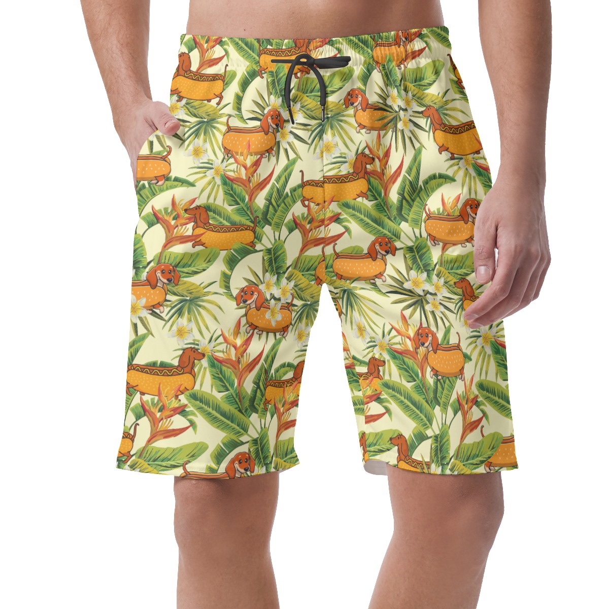 Funny Dachshund Hot Dog Floral Yellow Hawaiian Beach Shorts - variant image 1