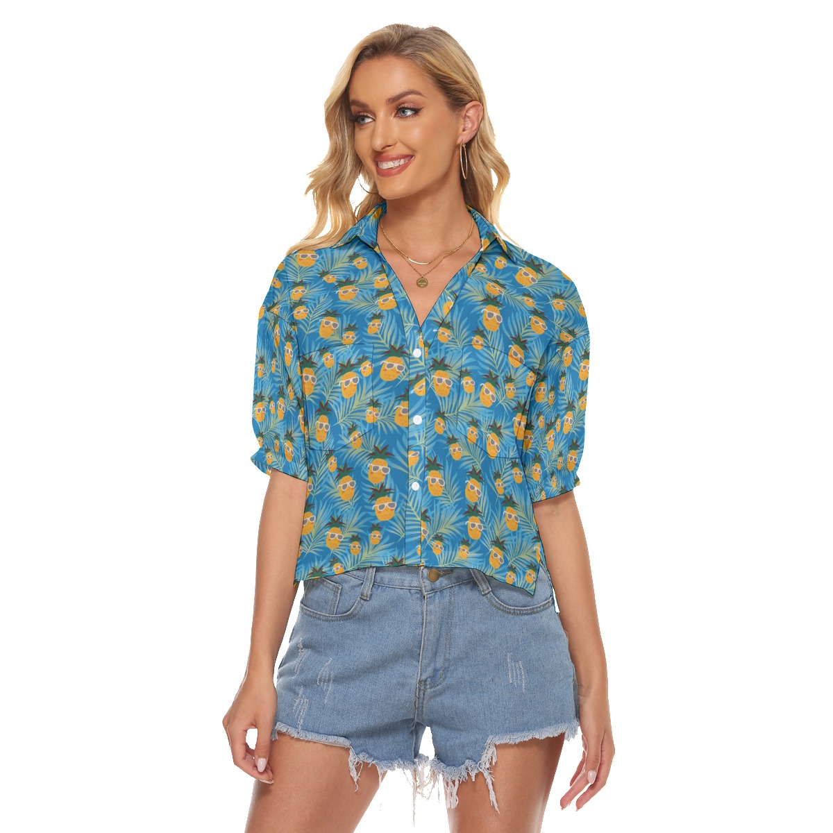 Blue Pineapple Hawaiian Crop Top Shirt For Women - variant image 1