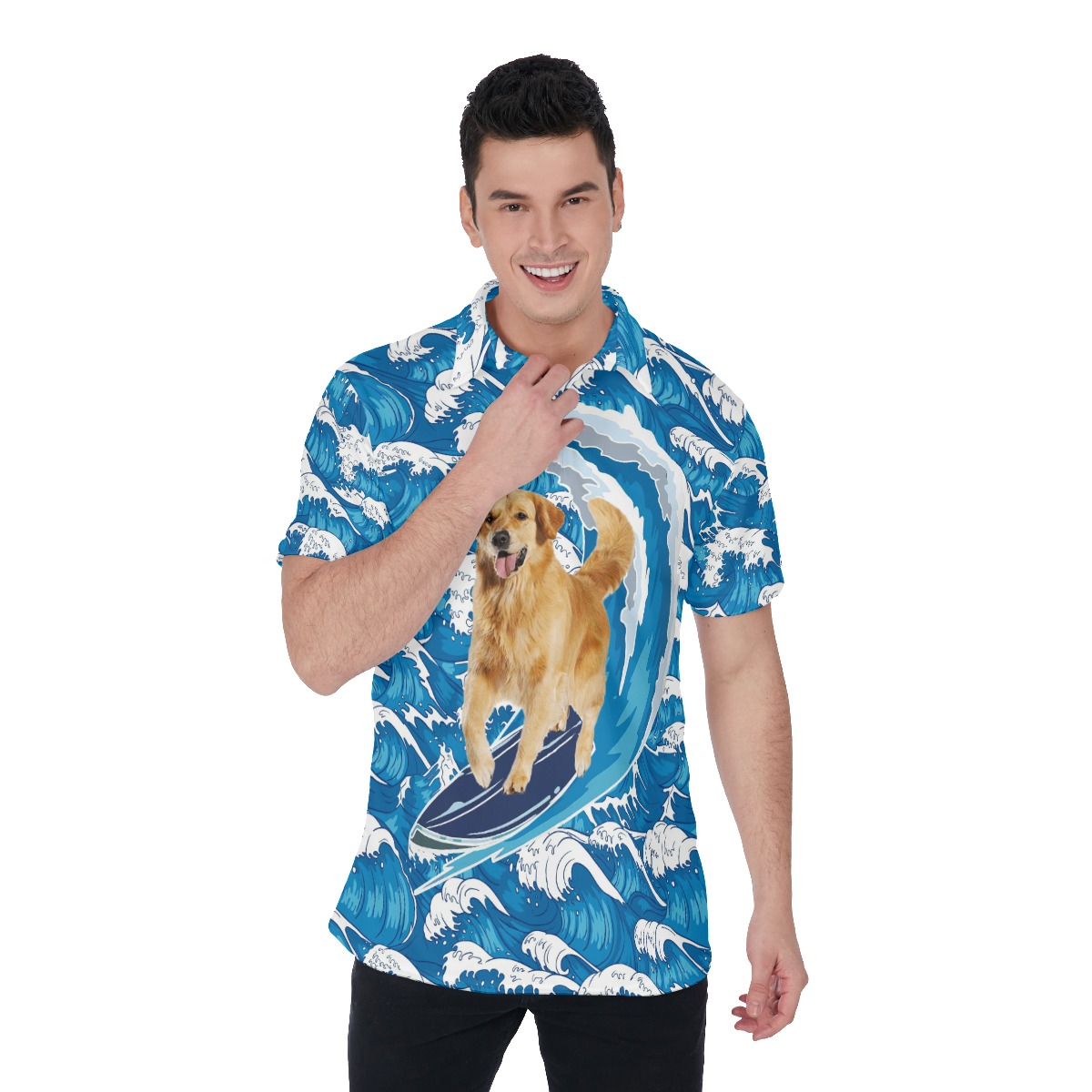 Golden Retriever Surfing Hawaiian Polo Golf Shirt - variant image 1
