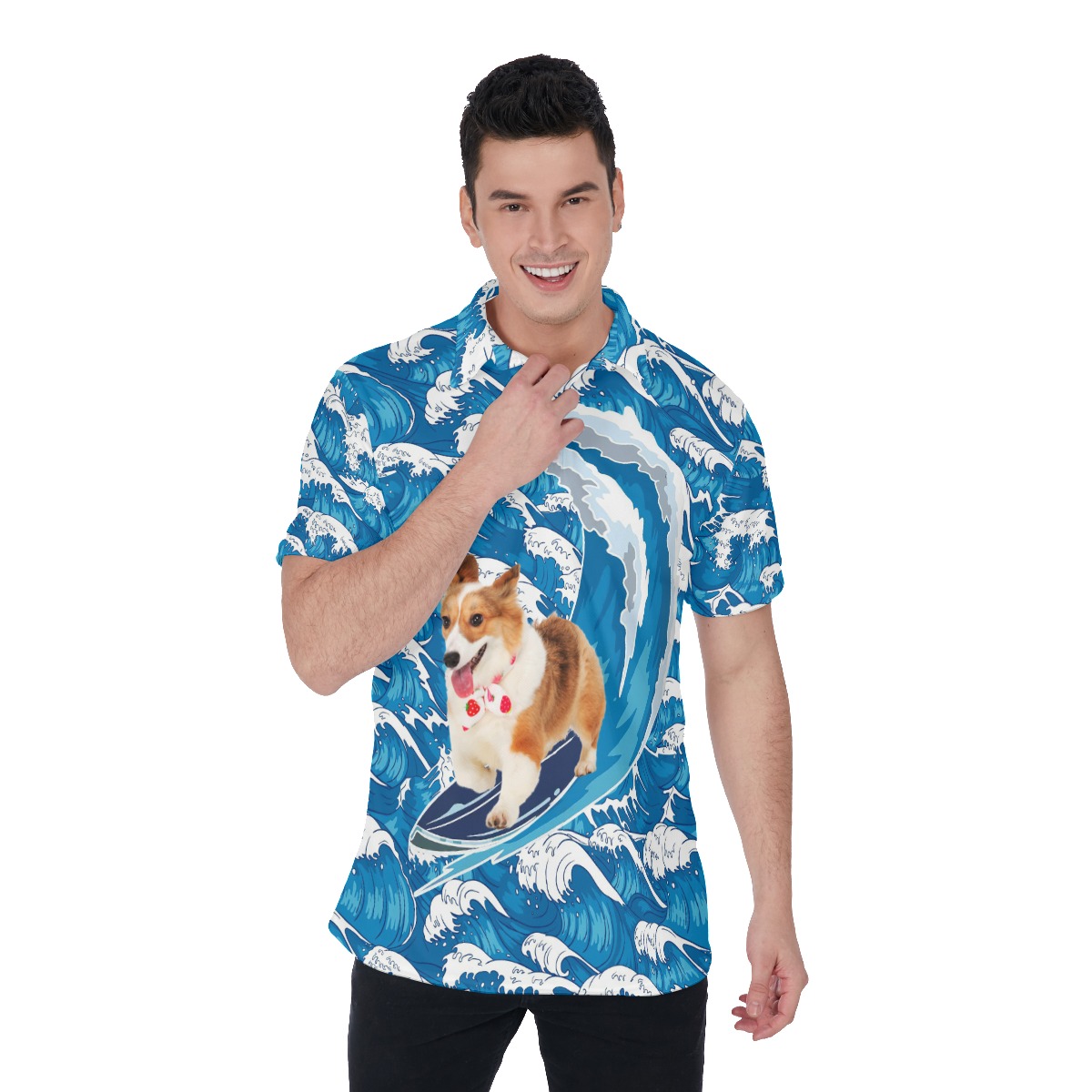 Custom Your Dog Surfing Hawaiian Polo Shirt For Men - variant image 1