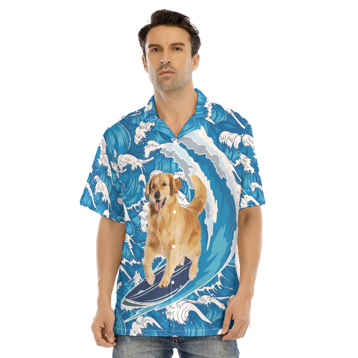 Golden Retriever Surfing Men's Hawaiian Shirt - variant image 1