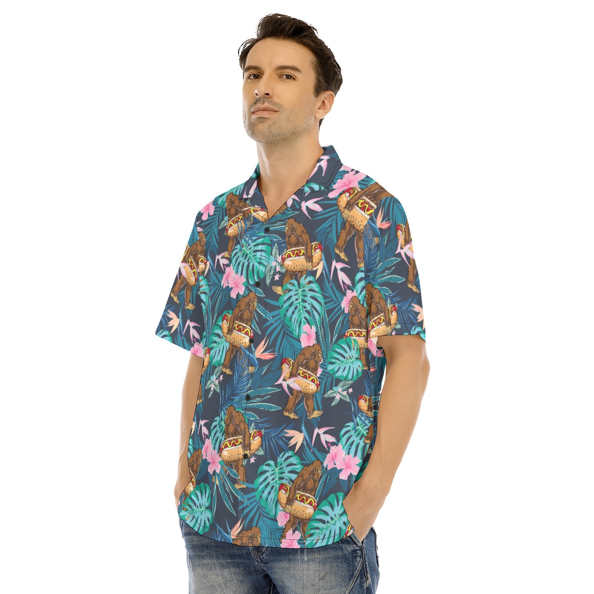 Funny Bigfoot Hot Dog Tropical Hawaiian Shirt