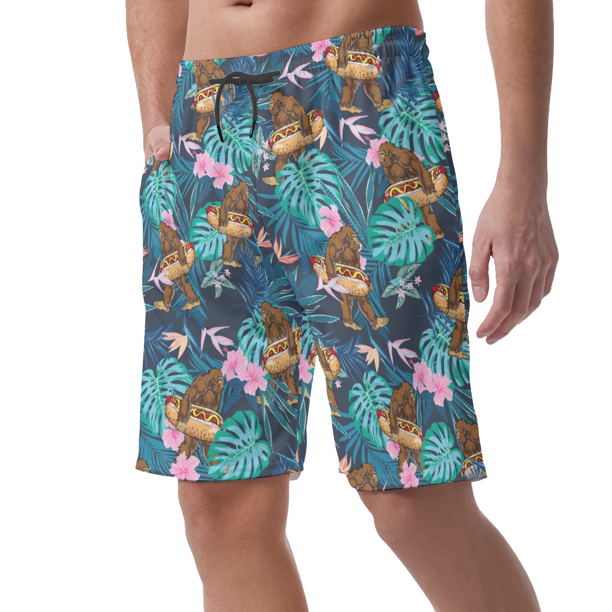Tropical Hibiscus Bigfoot Hot Dog Hawaiian Beach Shorts For Men