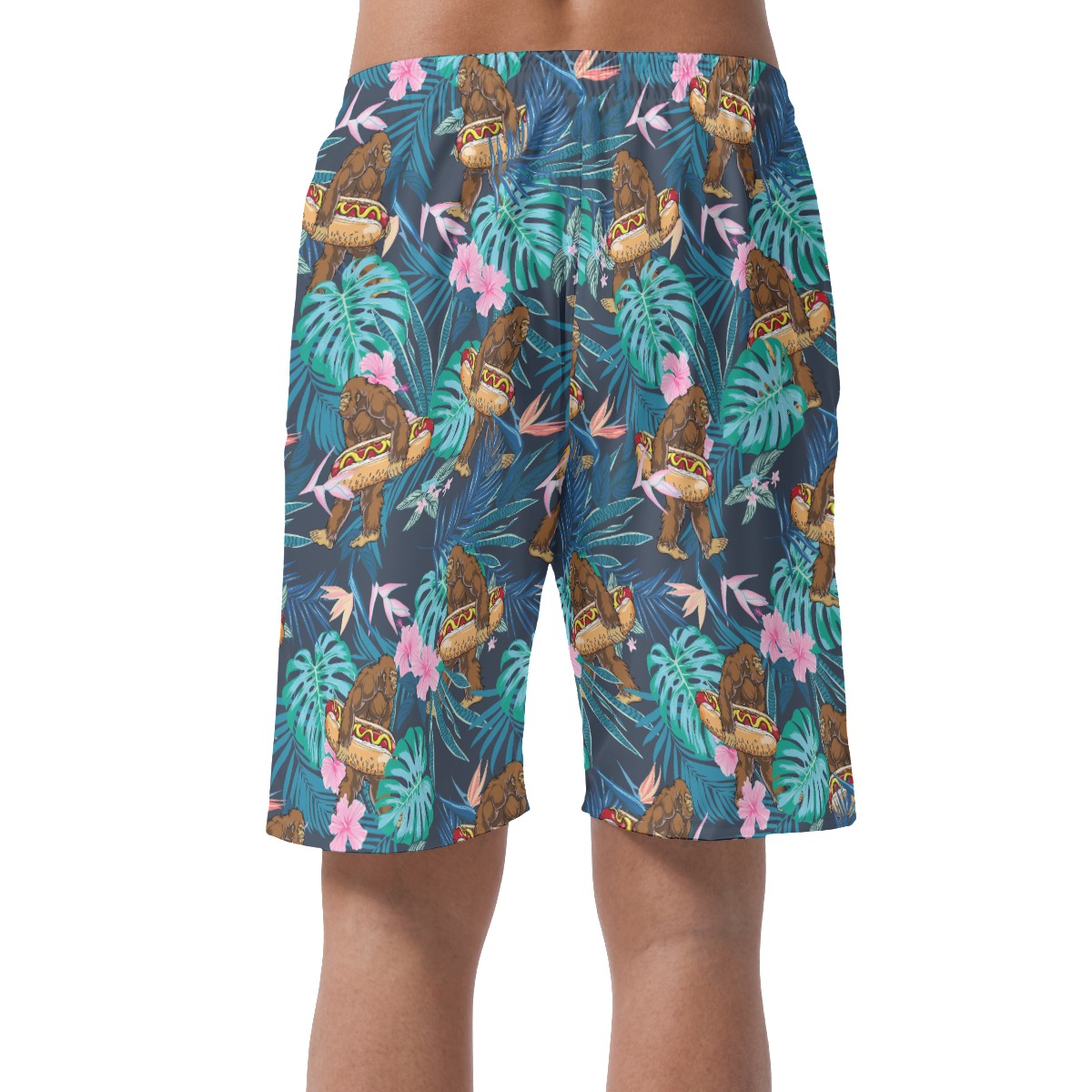 Tropical Hibiscus Bigfoot Hot Dog Hawaiian Beach Shorts For Men