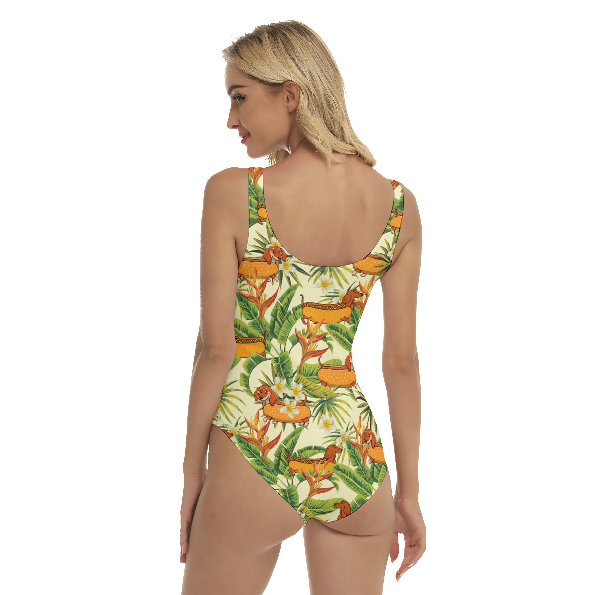 Floral Dachshund Hot Dog Yellow Hawaiian Swimsuit For Women