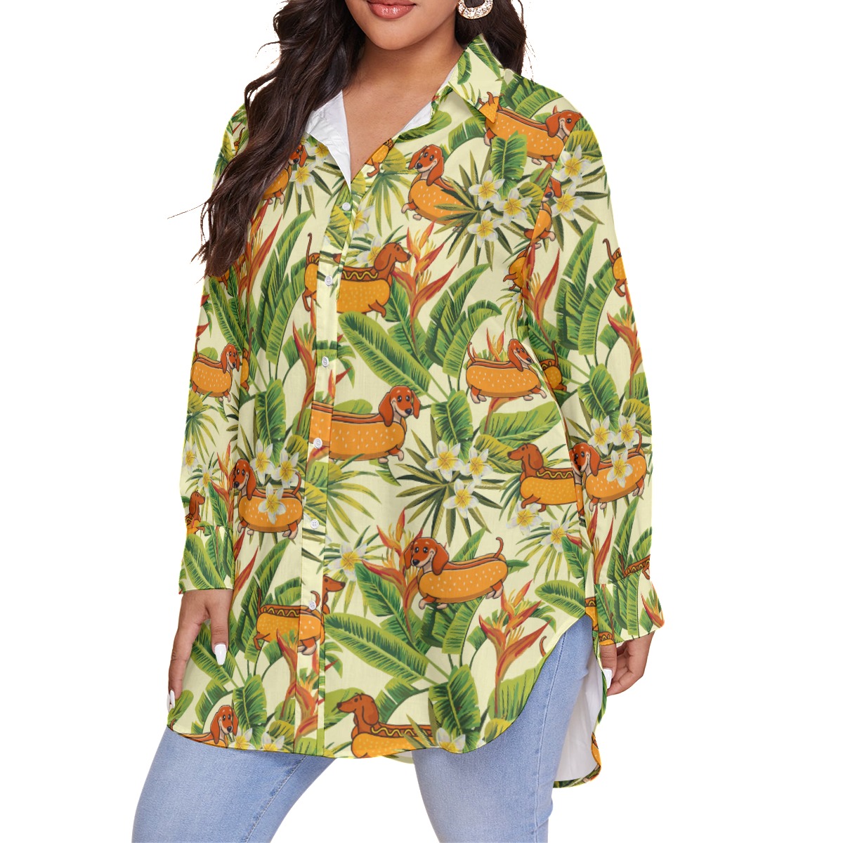 Floral Dachshund Hot Dog Plus Size Hawaiian Shirt For Women