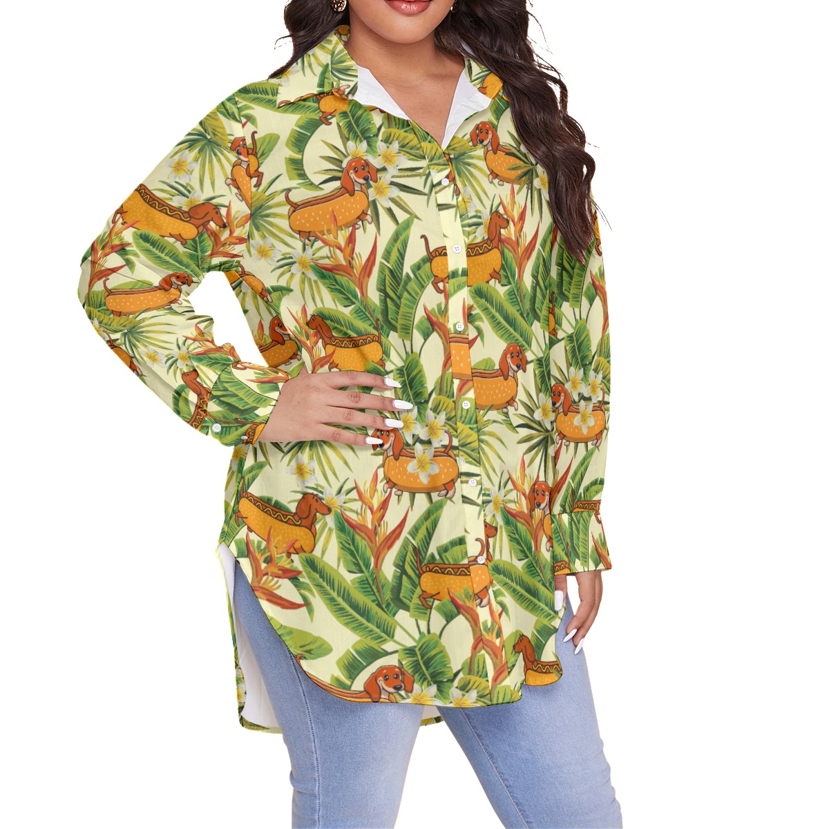 Floral Dachshund Hot Dog Plus Size Hawaiian Shirt For Women