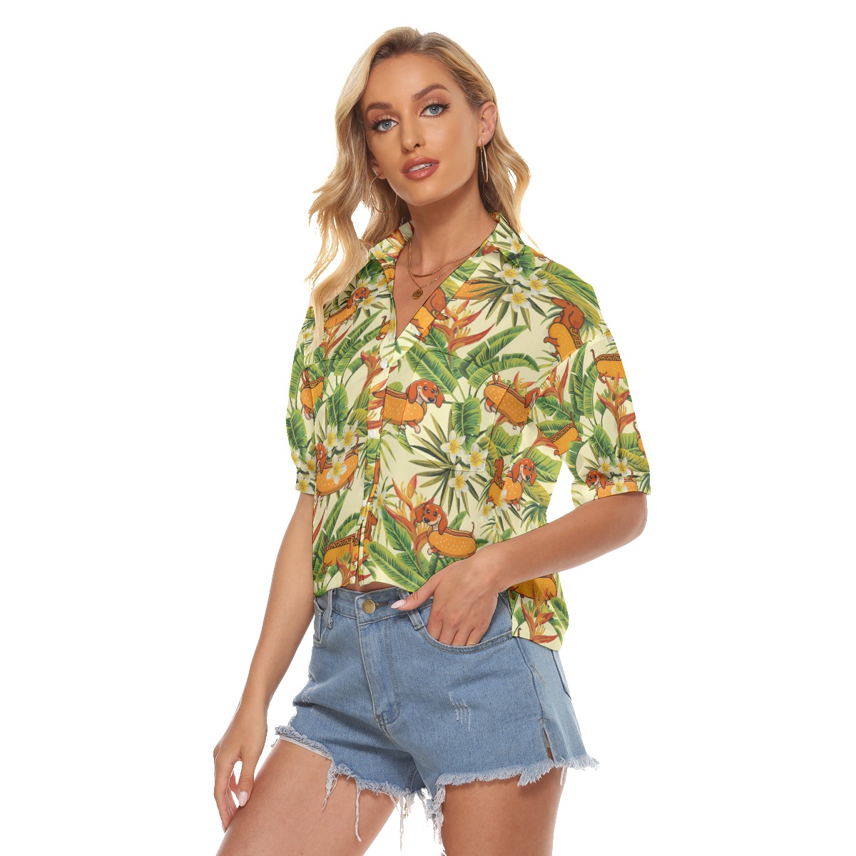 Funny Dachshund Hot Dog Floral Hawaiian V-Neck Shirt