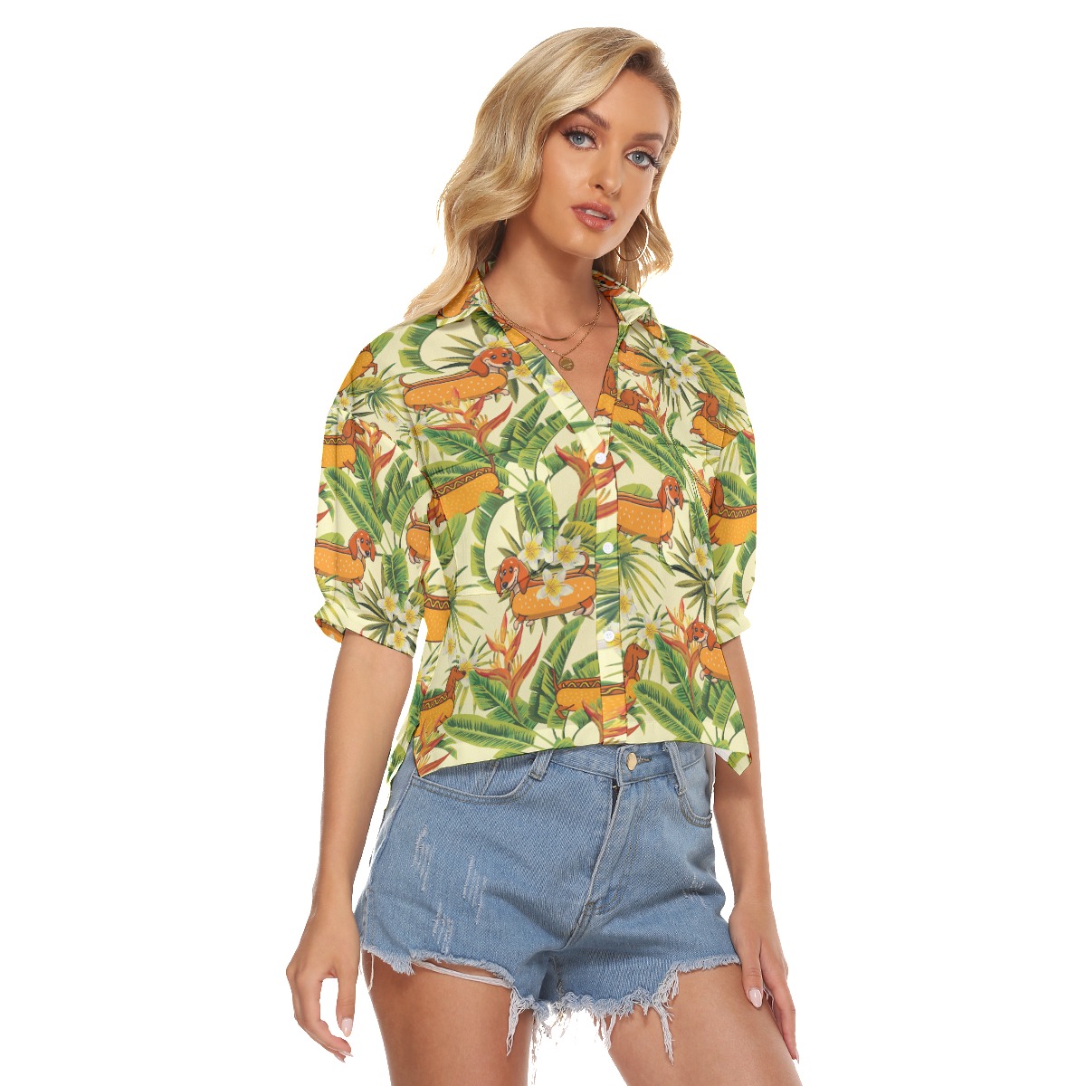 Funny Dachshund Hot Dog Floral Hawaiian V-Neck Shirt
