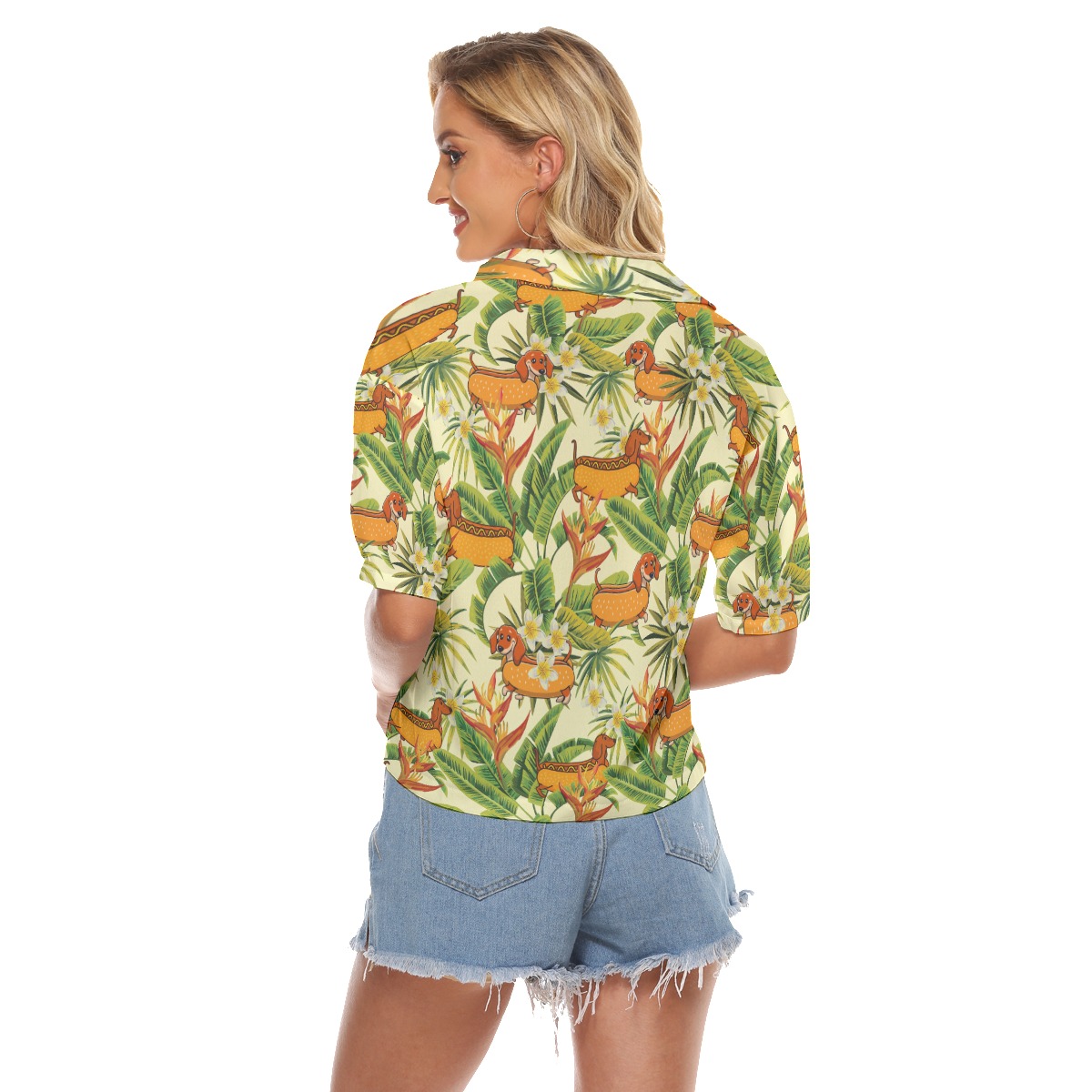 Funny Dachshund Hot Dog Floral Hawaiian V-Neck Shirt