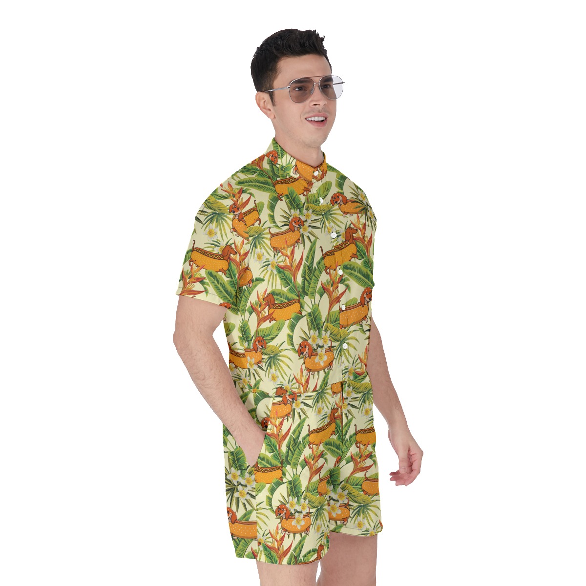 Funny Hot Dog Dachshund Yellow Men's Hawaiian Romper